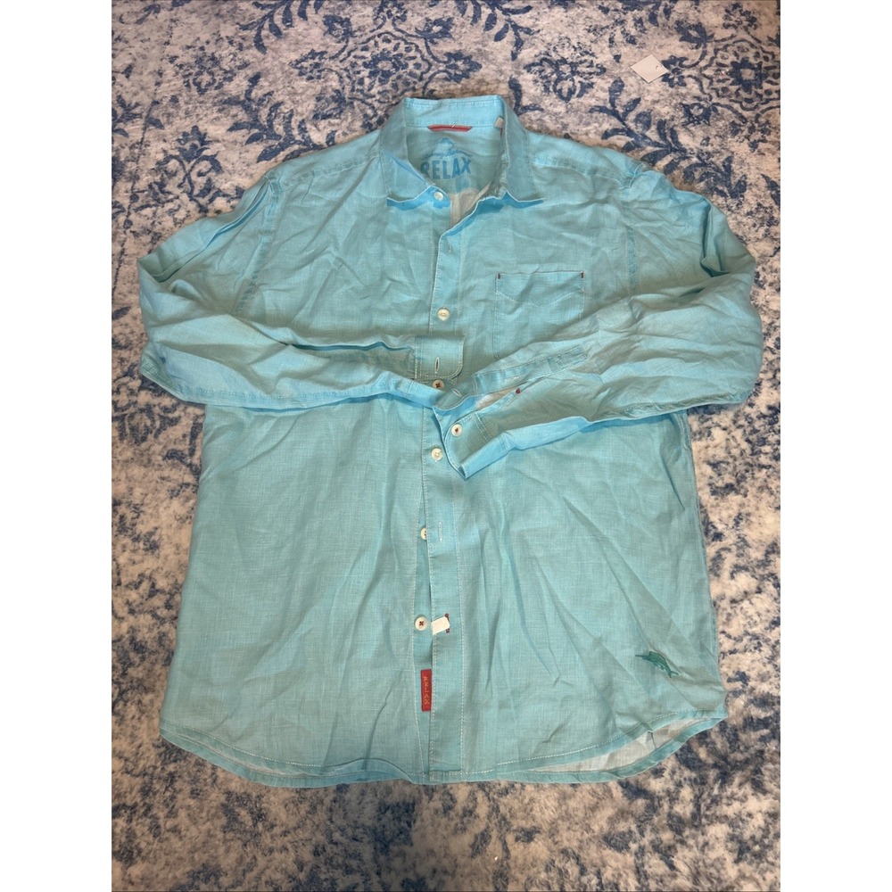 Tommy Bahama Shirt Mens L Blue Solid Short Sleeve Linen Button Up Casual